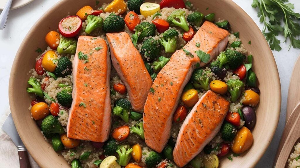 2. Salmon with Roasted Vegetables and Herbed Quinoa